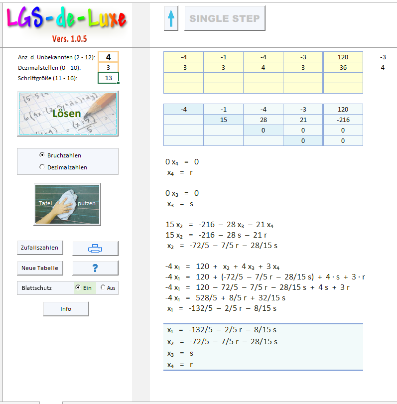 Bedienoberfläche der Excel-Datei LGS de Luxe mit Beispiellösung eines unterbestimmten linearen Gleichungssystems