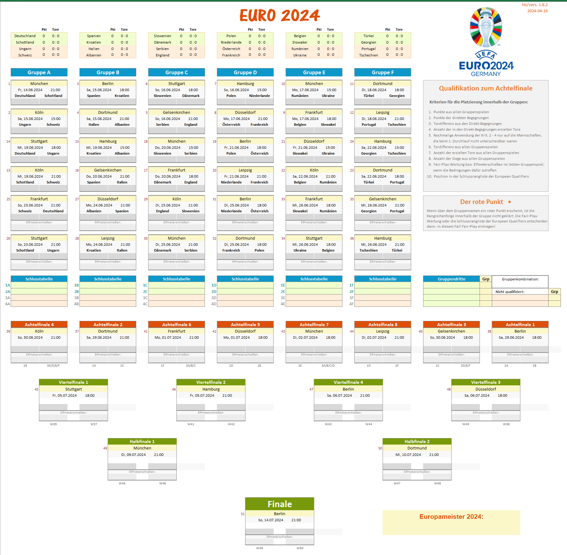 EM 2020/2021 Spielplan für Excel