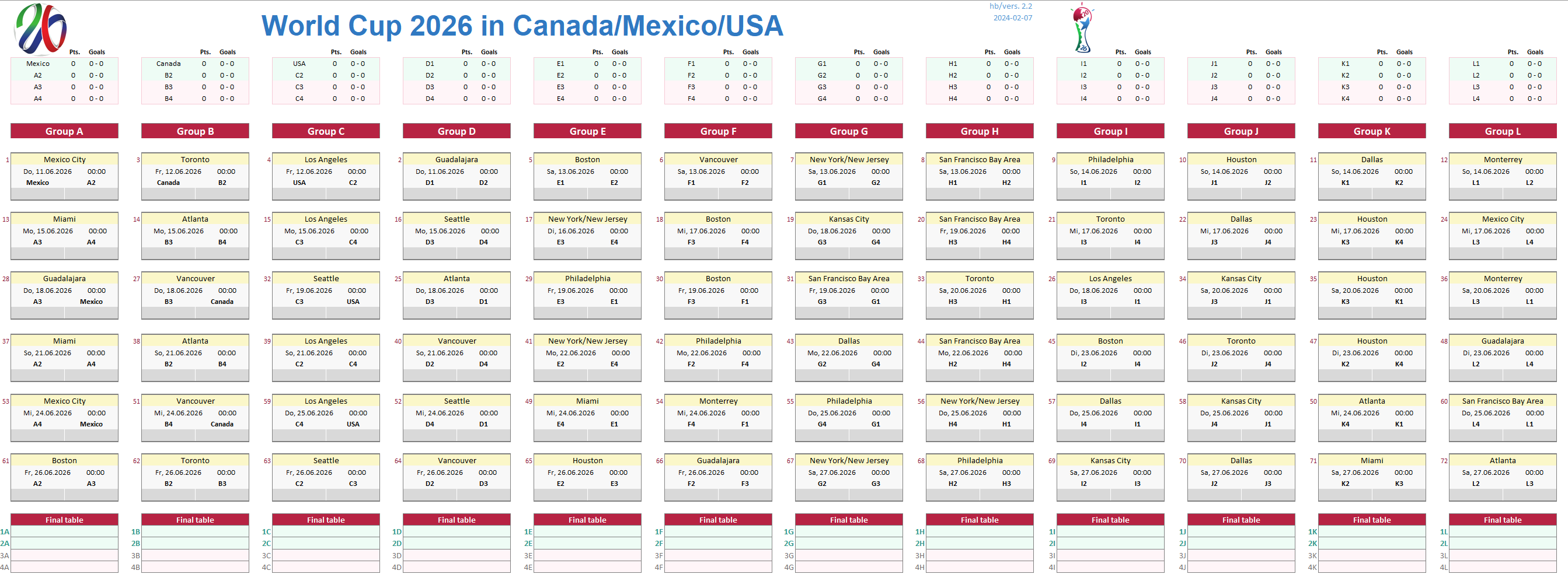 Preview of the Excel Schedule World Cup 2026