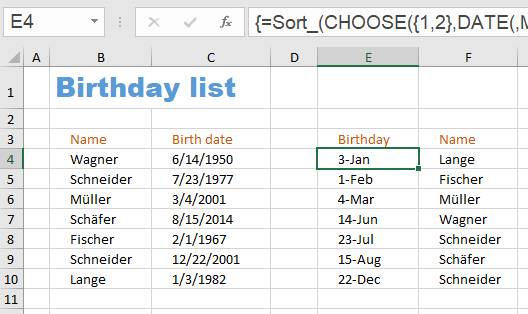 Excel Function SORT: Example Birthday list