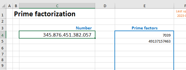 Excel sheet: Call of function 'primeFacts()'