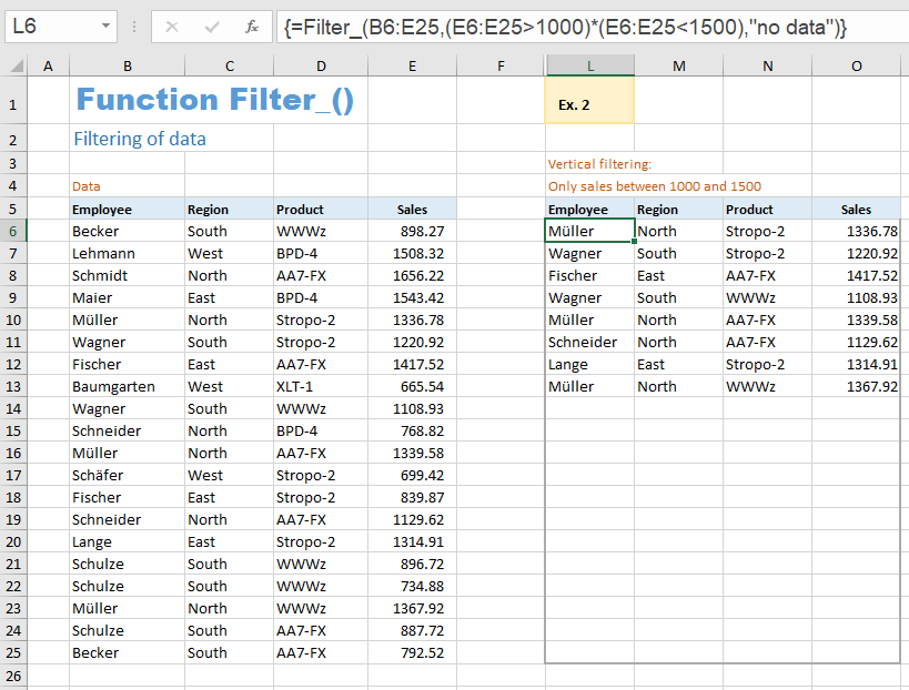Excel example for function Filter_