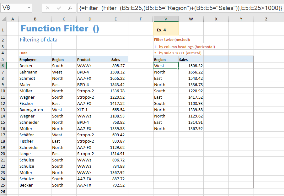 Excel example for function Filter_