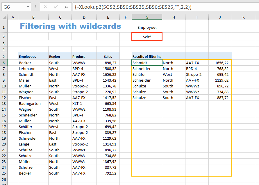 Excel example of filtering with wildcards