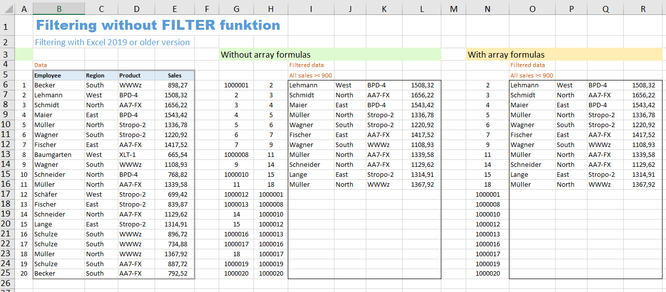 Excel: Filtering elementary without FILTER function