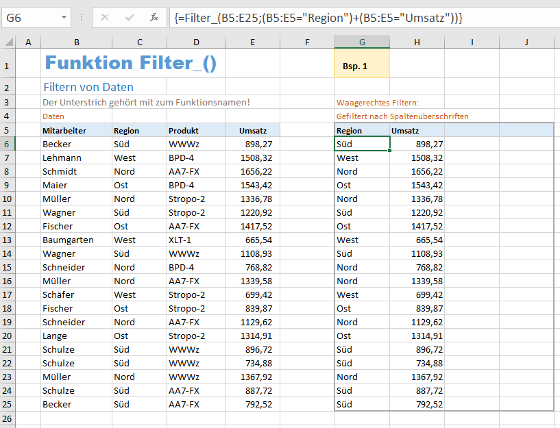 Excel Beispiel für die Funktion Filter_
