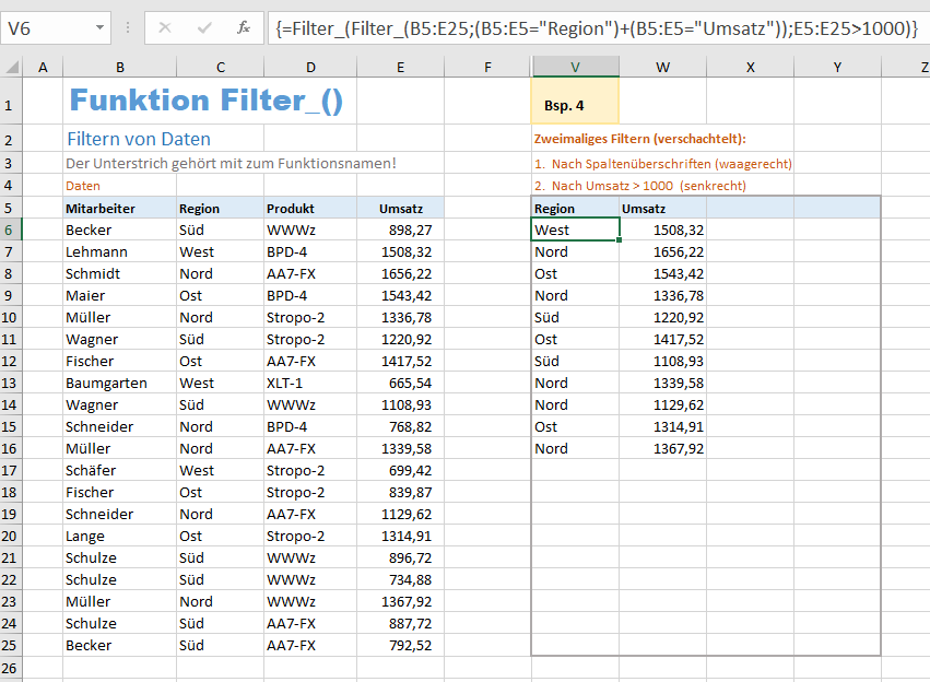 Excel Beispiel für die Funktion Filter_