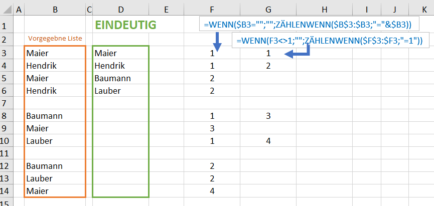Umsetzung der Funktion EINDEUTIG mit einfachen konventionellen Formeln
