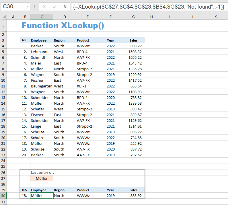 Example for the function XLOOKUP
