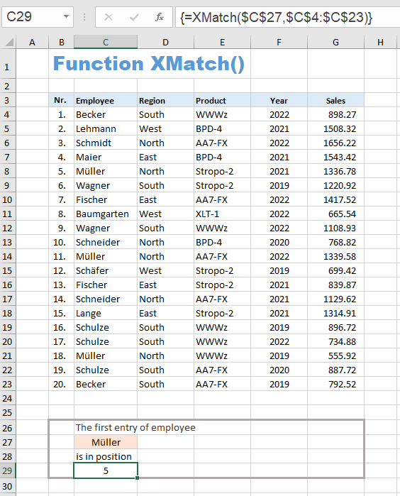 Example for the function XMATCH